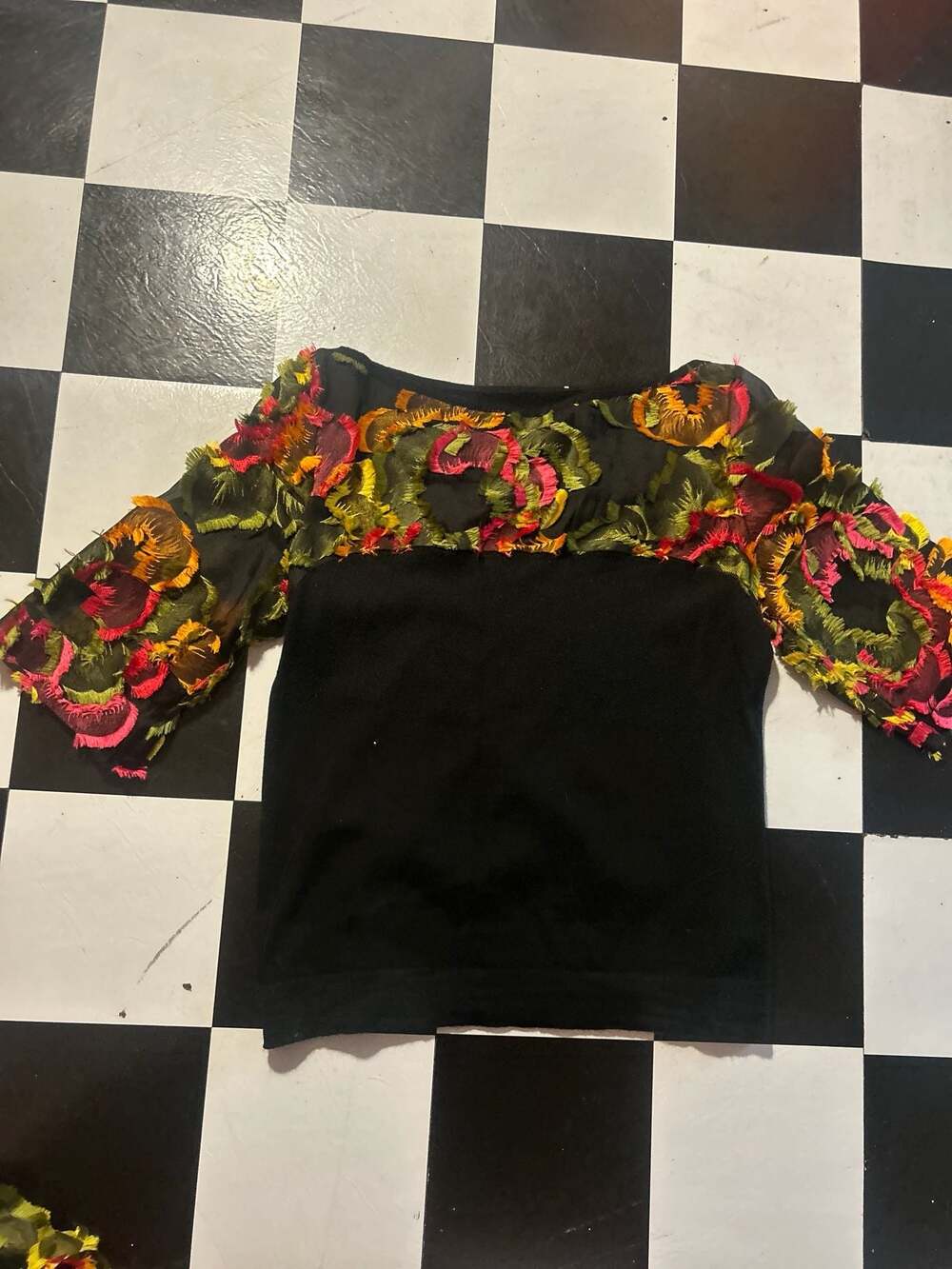 Blumarine Black Floral Fringe Embellished Sheer Sleeve Top